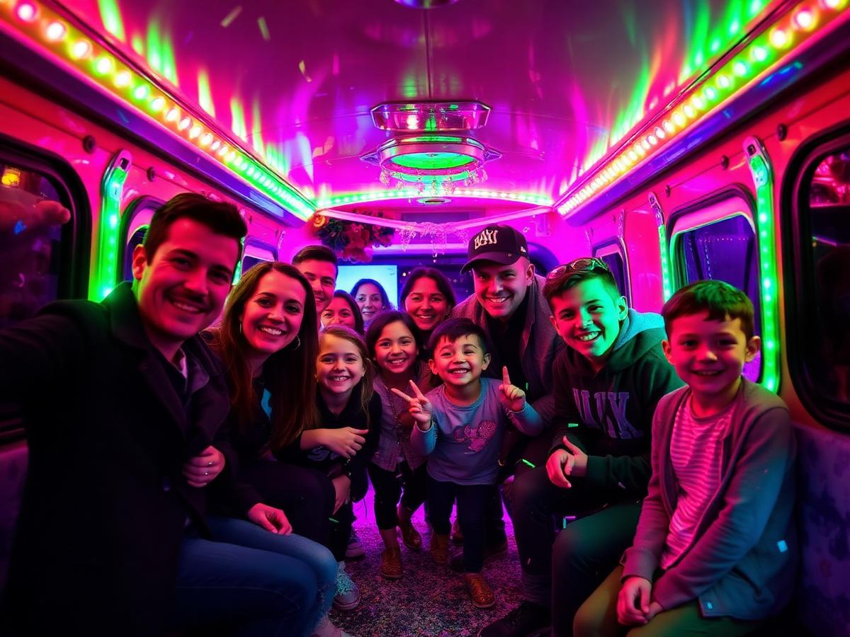 Famílias e crianças se divertindo dentro da carreta iluminada